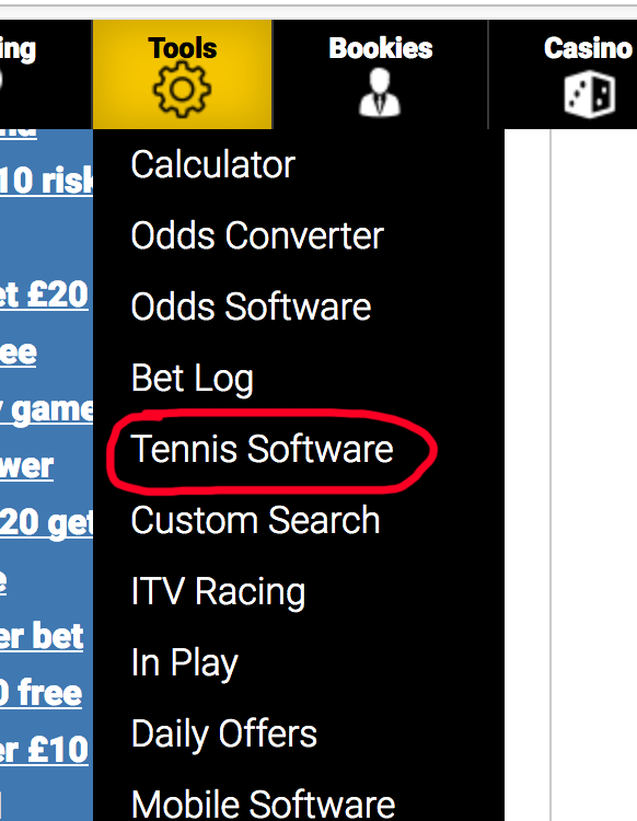 tennis betting software menu