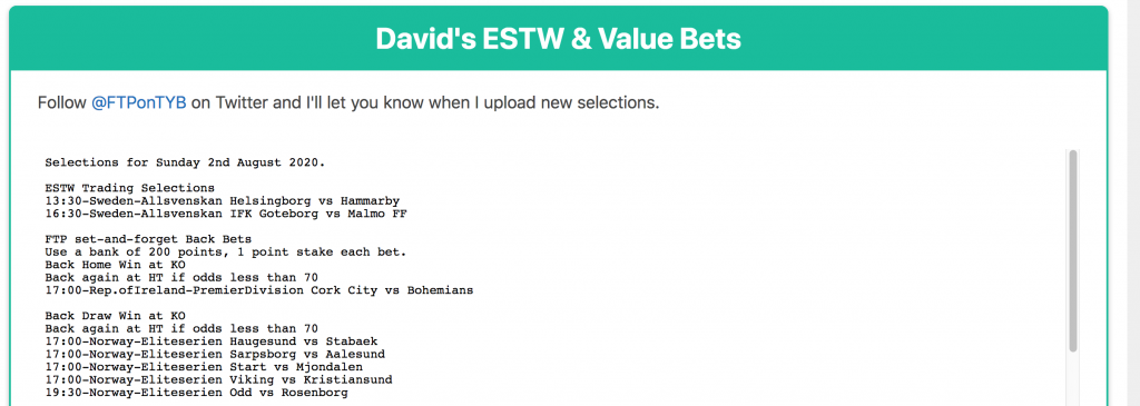 Trade Your Bets David's ESTW & Value Bets